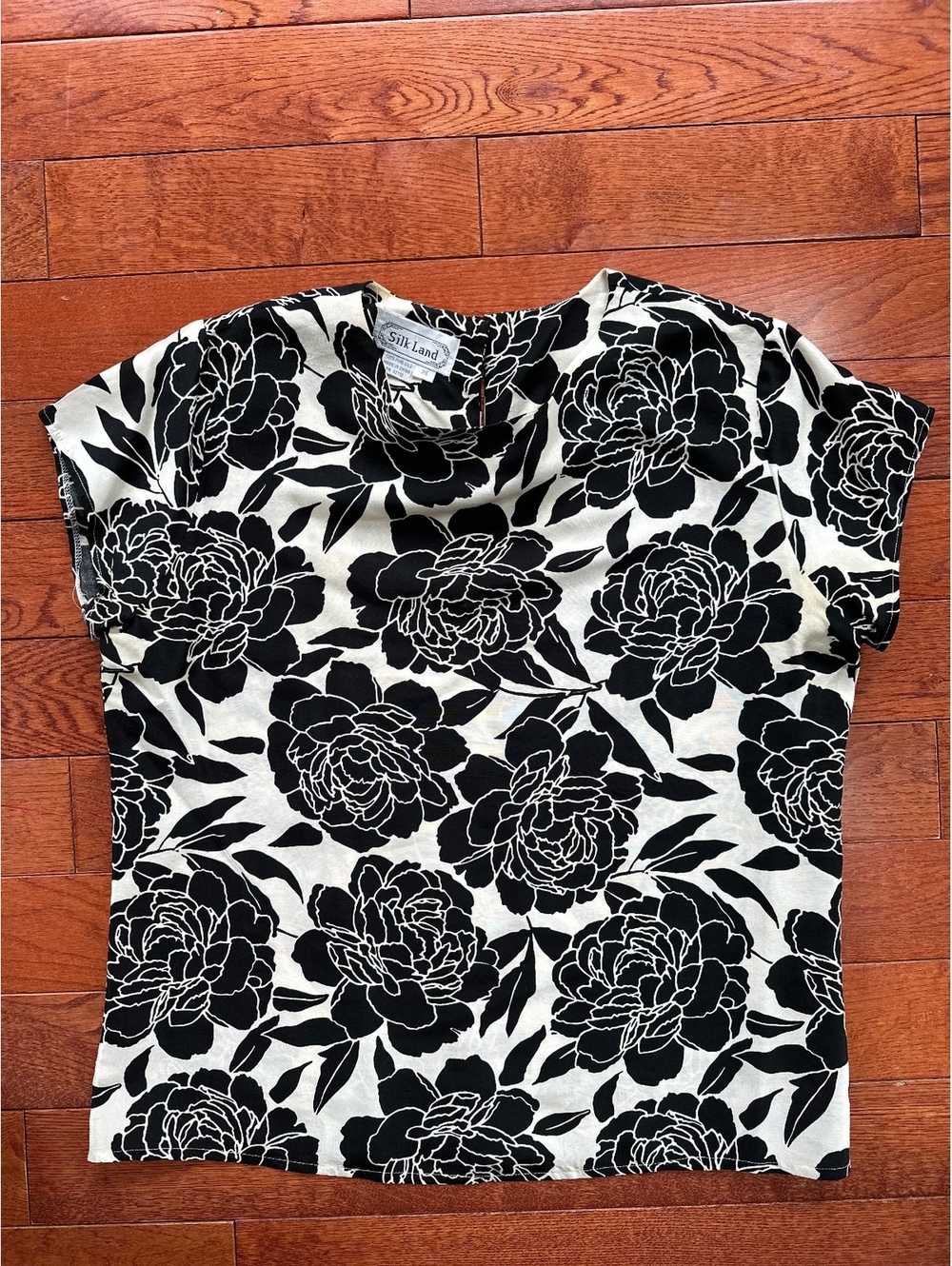 Silk Land 100% Silk Floral Blouse M Black White